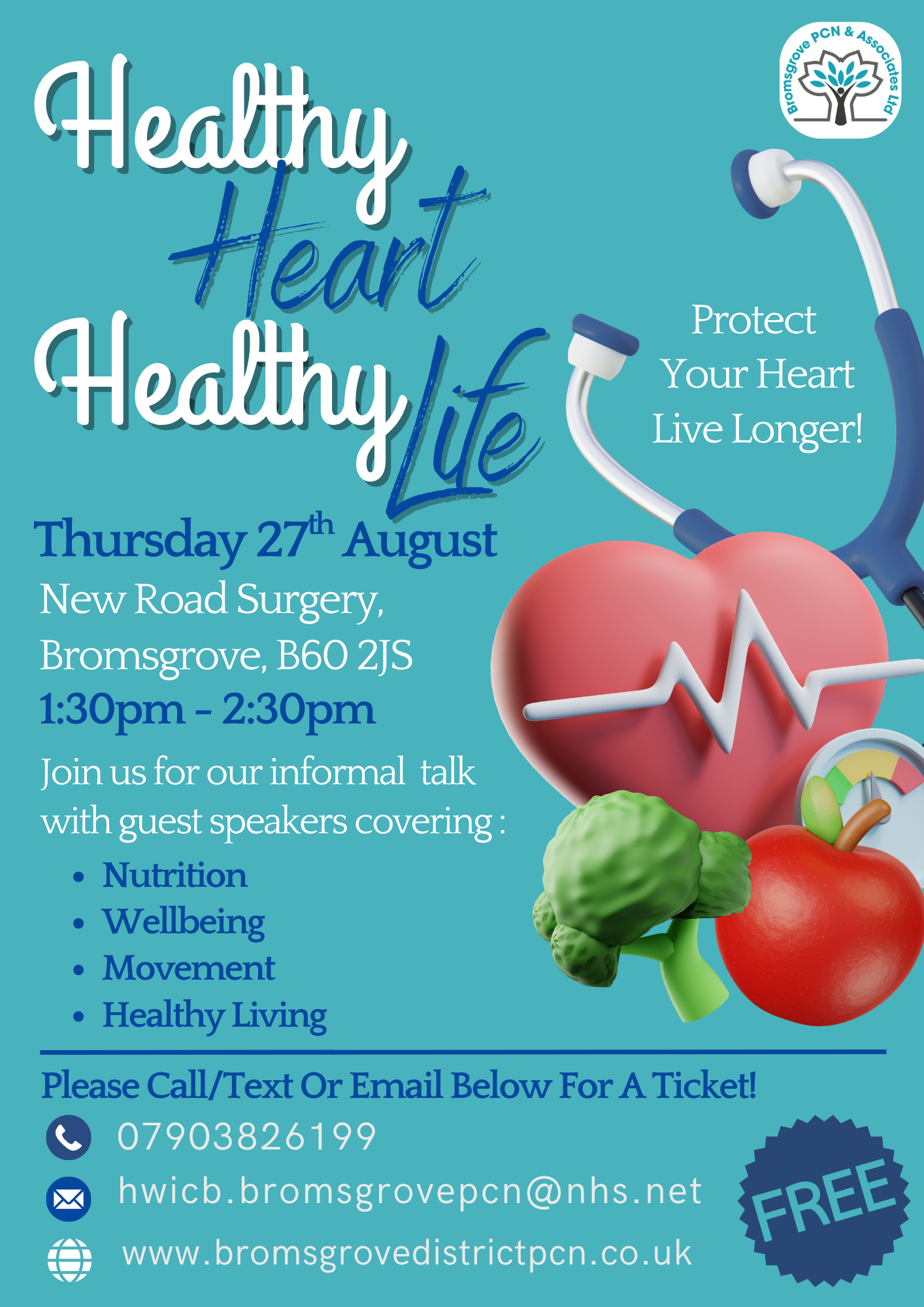 Poster with details for the Healthy Heart Healthy Life talk being held at New Road Surgery on Thursday 27th August at 1:30pm